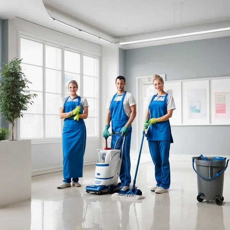 Equipo de limpieza profesional AseoLabPlus en acción en oficina moderna